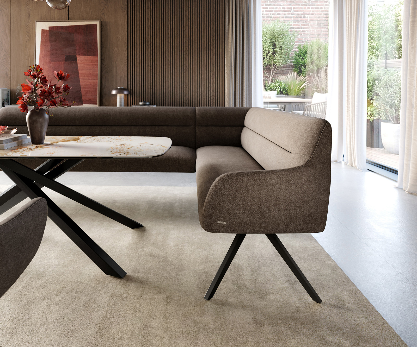 Lavica Taya-Flex 285×190 cm texturovaná látka mäkká taupe krížová podstava hranatá čierna vrecková pružina ľavá - Image 5