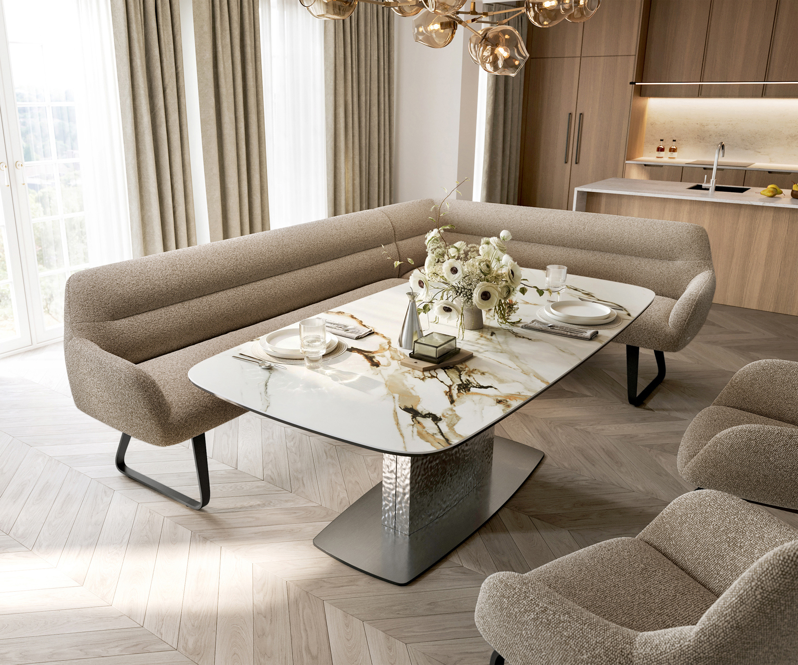 Jedálenská lavica Taya-Flex 285×190 cm bouclé tmavobéžová tenká podstava čierna vrecková pružina ľavá