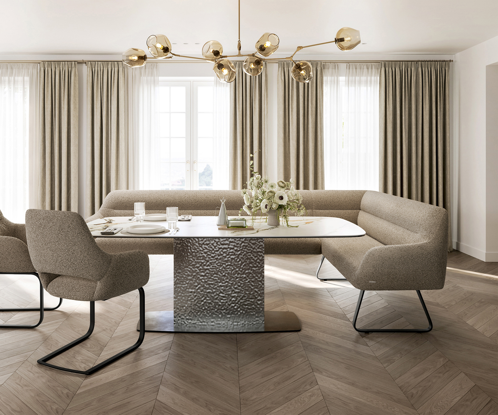 Jedálenská lavica Taya-Flex 285×190 cm bouclé tmavobéžová tenká podstava čierna vrecková pružina ľavá - Image 2