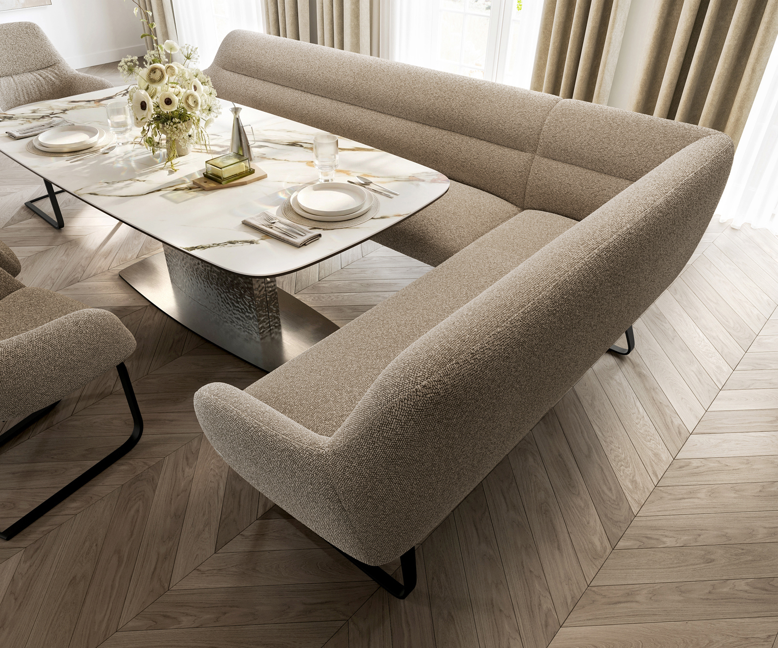 Jedálenská lavica Taya-Flex 285×190 cm bouclé tmavobéžová tenká podstava čierna vrecková pružina ľavá - Image 4