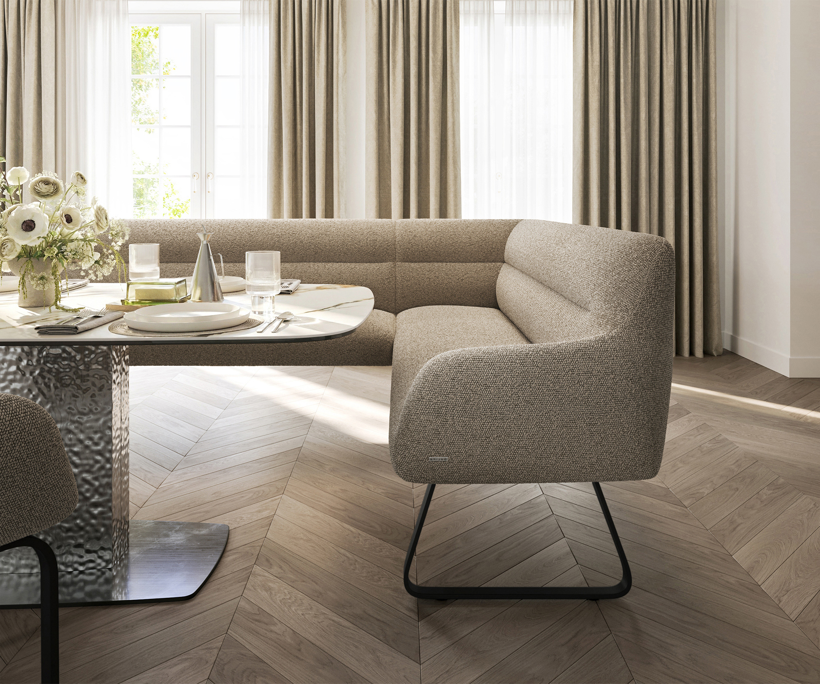 Jedálenská lavica Taya-Flex 285×190 cm bouclé tmavobéžová tenká podstava čierna vrecková pružina ľavá - Image 5