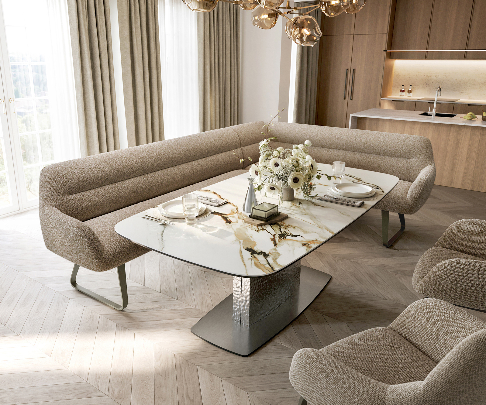 Jedálenská lavica Taya-Flex 285×190 cm bouclé tmavobéžová tenká podstava plochá titánová farba vrecková pružina ľavá