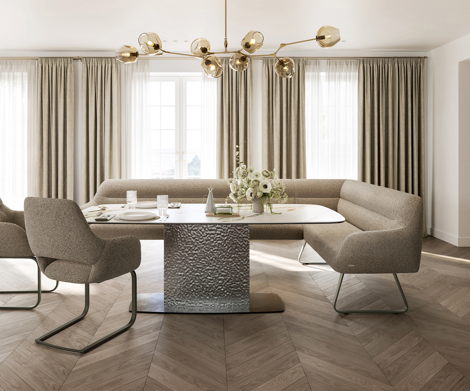 Jedálenská lavica Taya-Flex 285×190 cm bouclé tmavobéžová tenká podstava plochá titánová farba vrecková pružina ľavá - Image 2