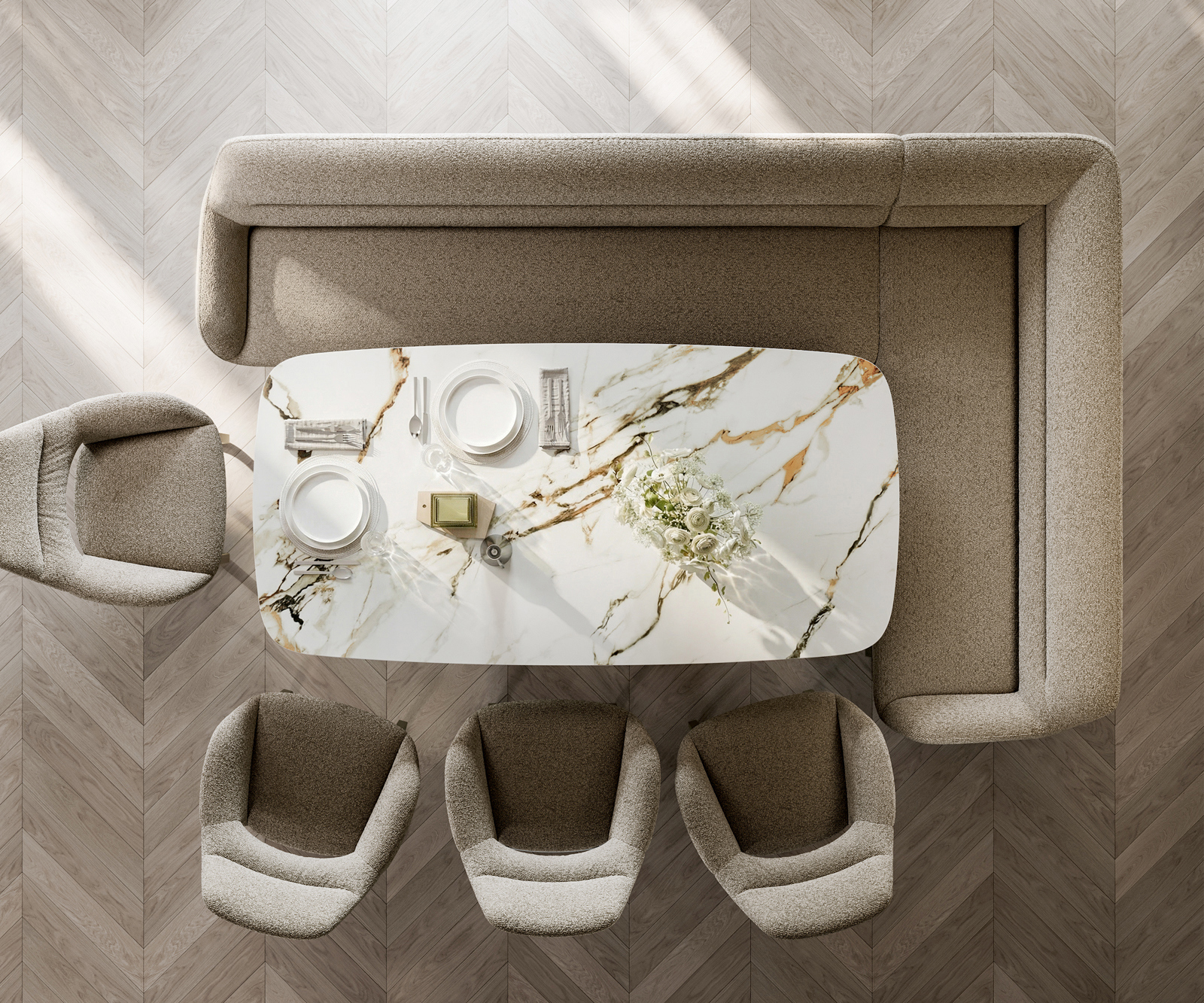 Jedálenská lavica Taya-Flex 285×190 cm bouclé tmavobéžová tenká podstava plochá titánová farba vrecková pružina ľavá - Image 6