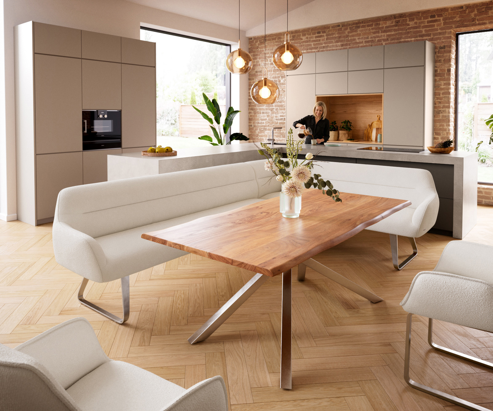 Jedálenská lavica Taya-Flex 285×190 cm bouclé bielo-krémová tenká podstava plochá nerezová oceľ vrecková pružina ľavá