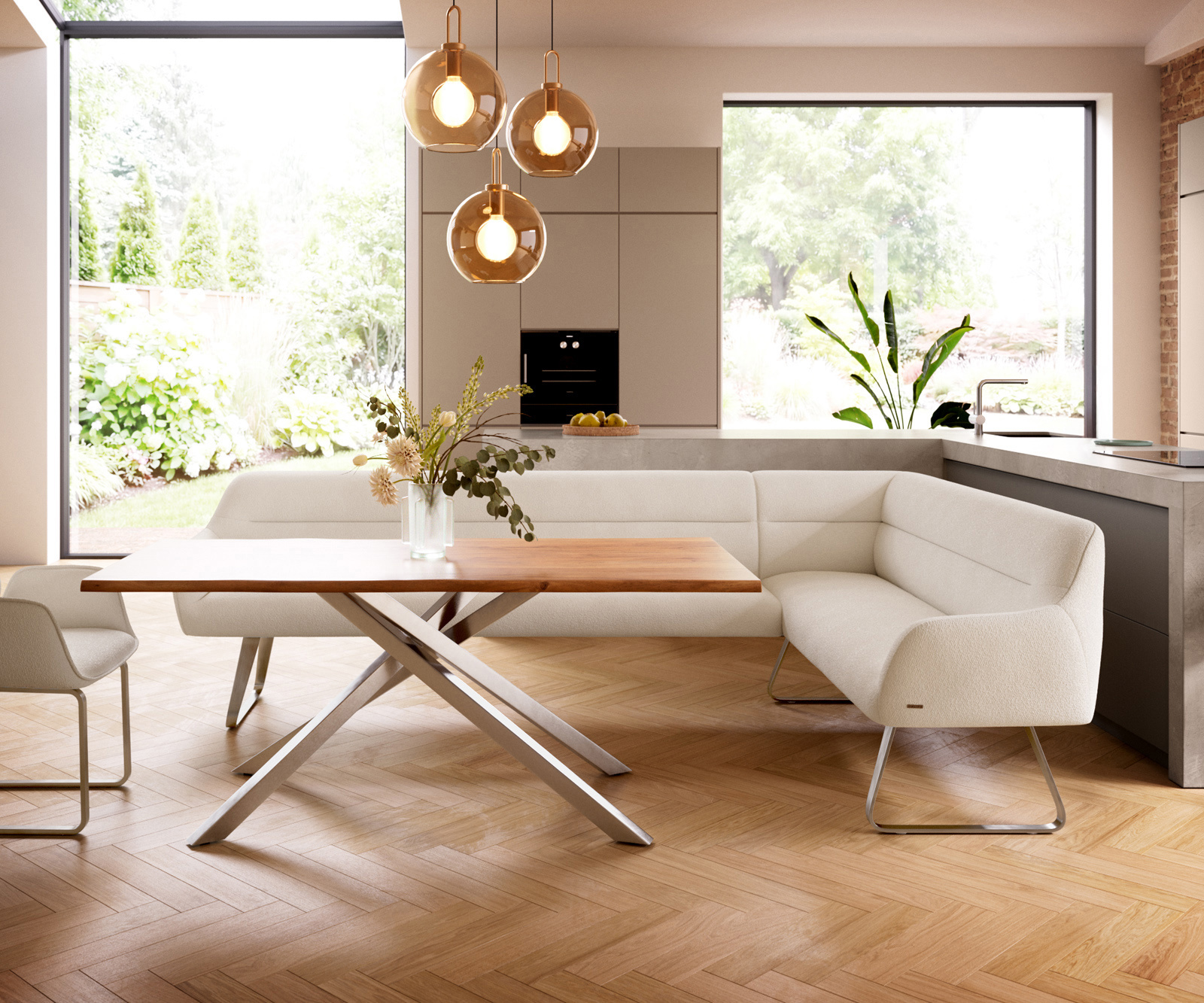 Jedálenská lavica Taya-Flex 285×190 cm bouclé bielo-krémová tenká podstava plochá nerezová oceľ vrecková pružina ľavá - Image 2