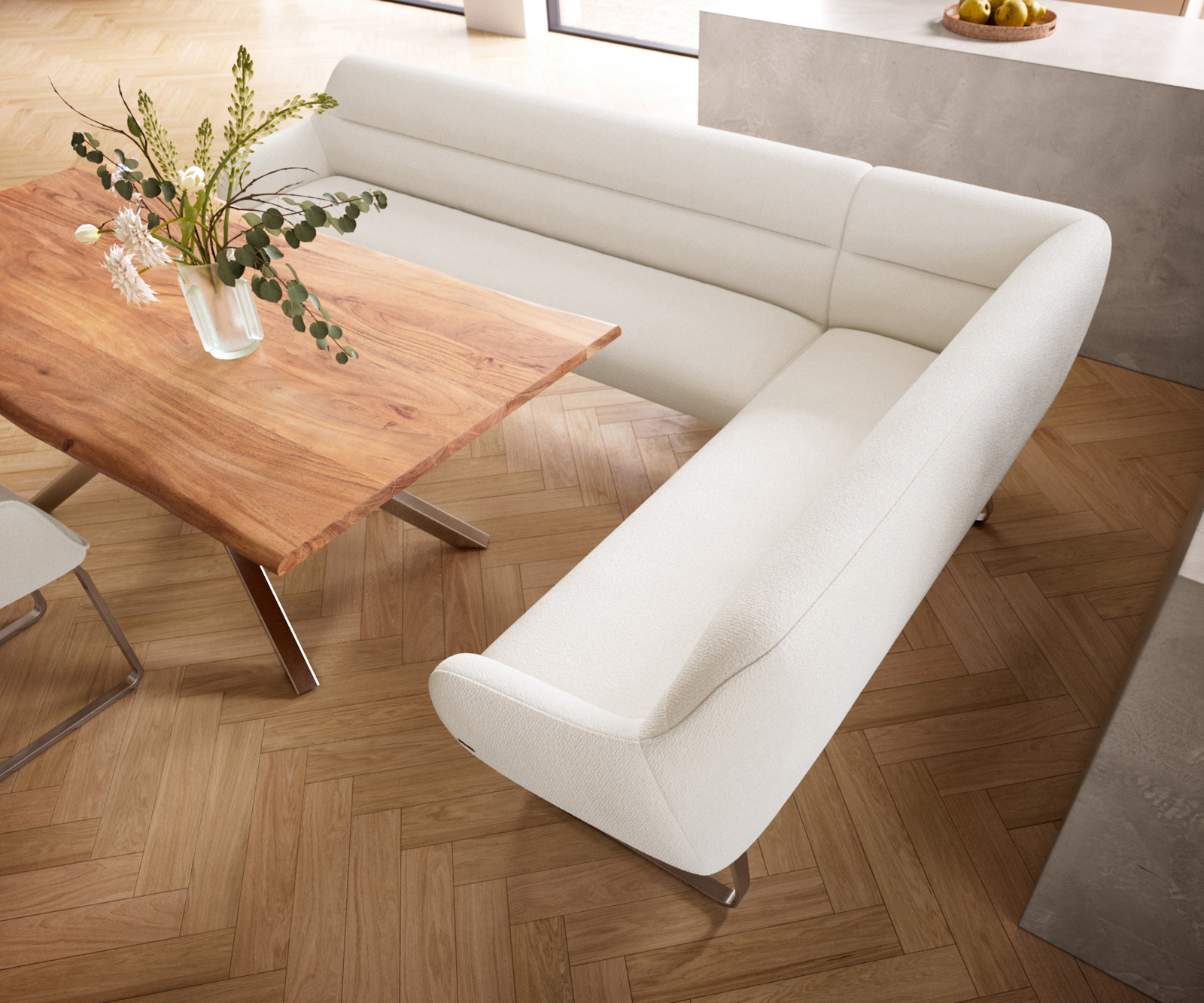 Jedálenská lavica Taya-Flex 285×190 cm bouclé bielo-krémová tenká podstava plochá nerezová oceľ vrecková pružina ľavá - Image 4