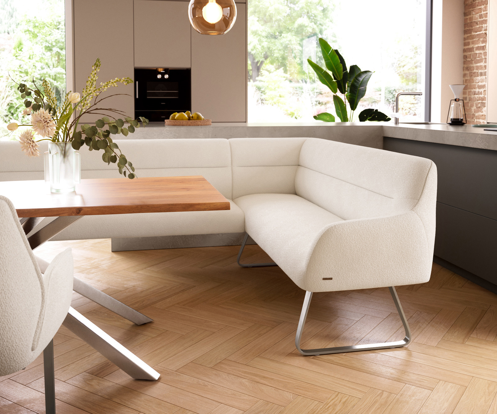 Jedálenská lavica Taya-Flex 285×190 cm bouclé bielo-krémová tenká podstava plochá nerezová oceľ vrecková pružina ľavá - Image 5