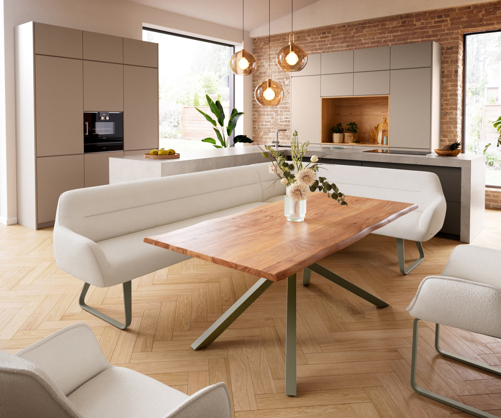 Jedálenská lavica Taya-Flex 285×190 cm bouclé bielo-krémová tenká podstava plochá titánová farba vrecková pružina ľavá