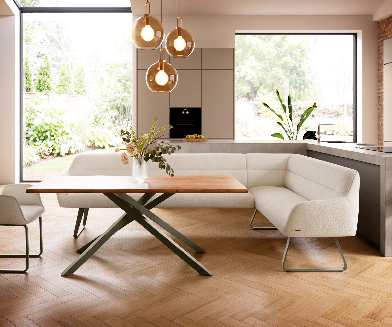 Jedálenská lavica Taya-Flex 285×190 cm bouclé bielo-krémová tenká podstava plochá titánová farba vrecková pružina ľavá - Image 2