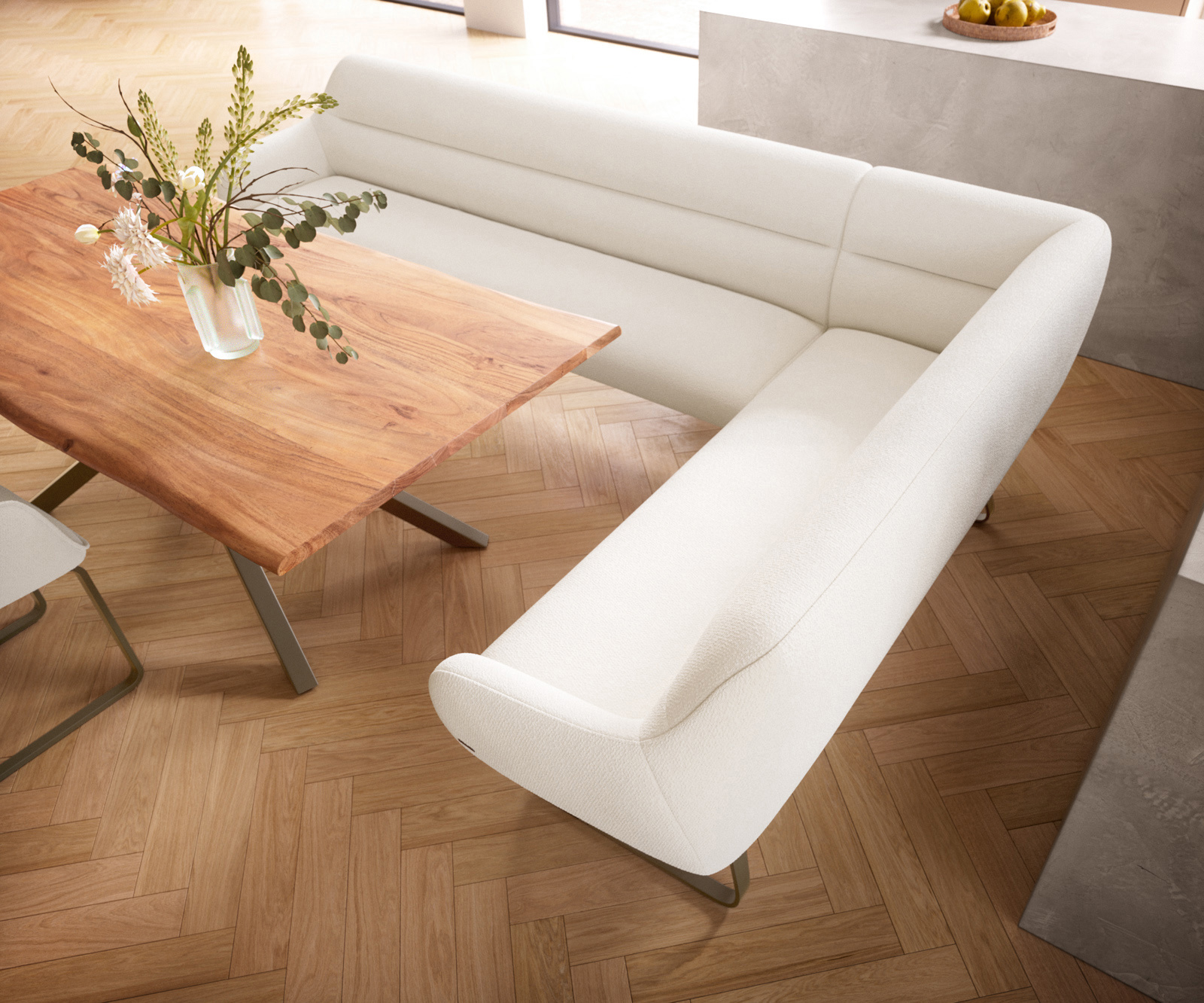 Jedálenská lavica Taya-Flex 285×190 cm bouclé bielo-krémová tenká podstava plochá titánová farba vrecková pružina ľavá - Image 4