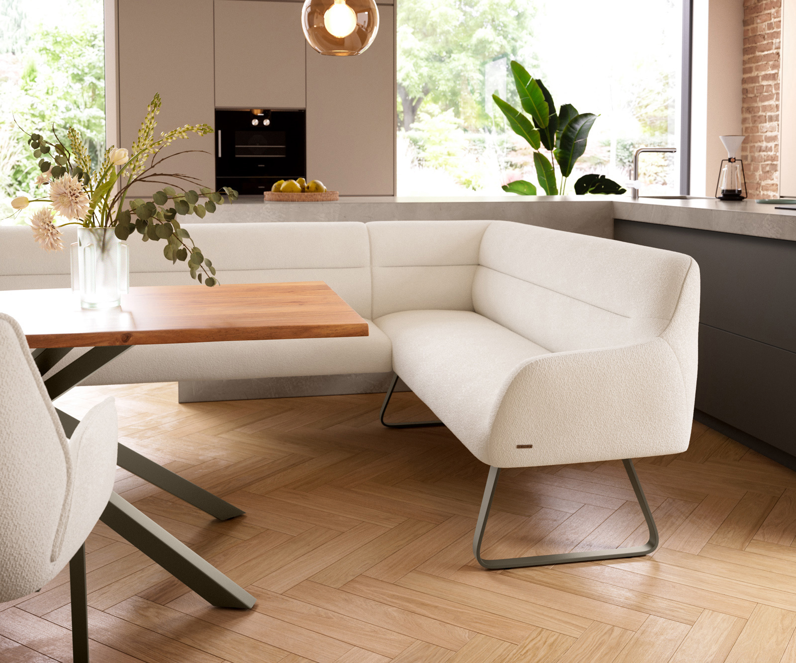 Jedálenská lavica Taya-Flex 285×190 cm bouclé bielo-krémová tenká podstava plochá titánová farba vrecková pružina ľavá - Image 5