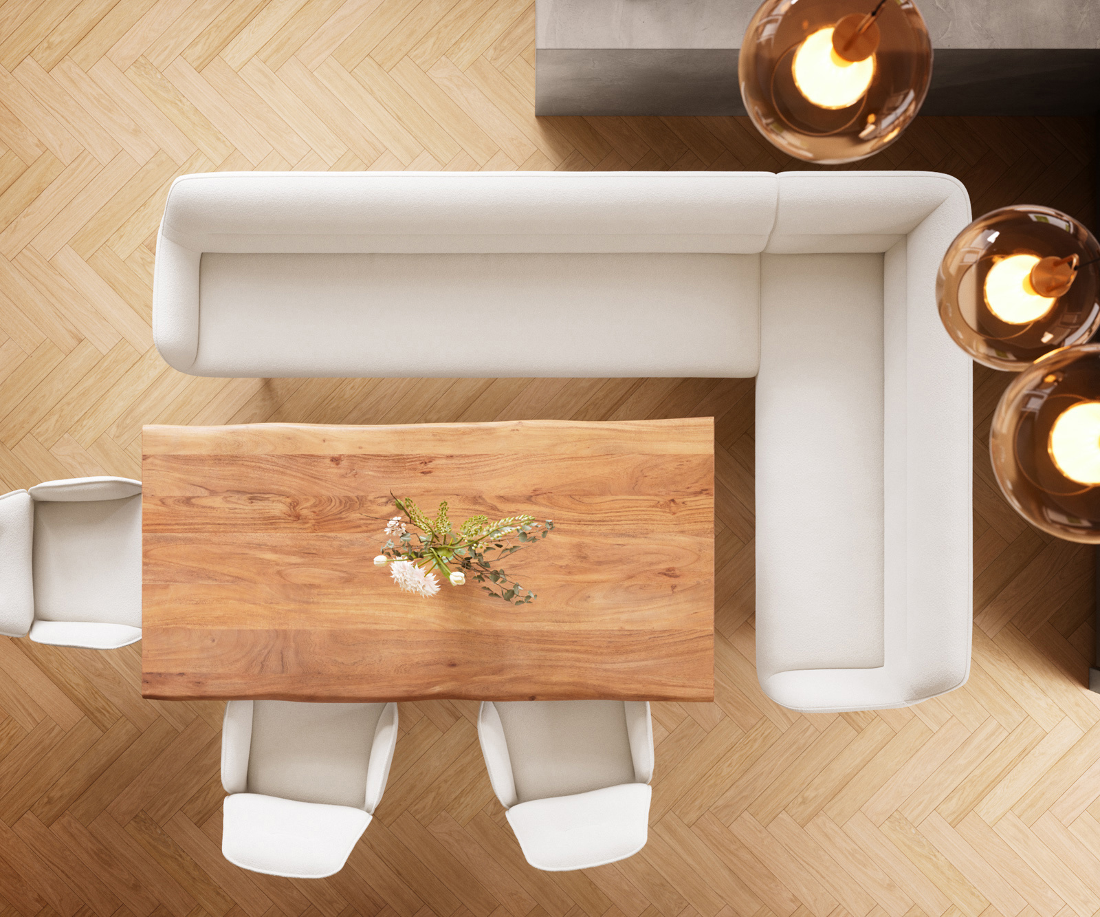 Jedálenská lavica Taya-Flex 285×190 cm bouclé bielo-krémová tenká podstava plochá titánová farba vrecková pružina ľavá - Image 6