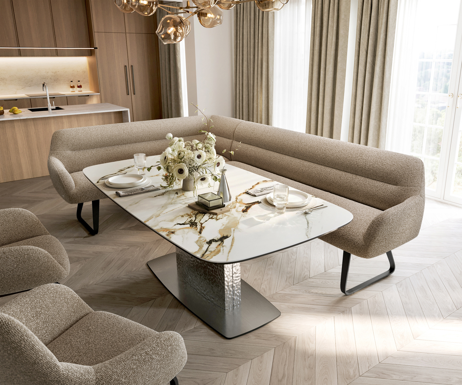 Jedálenská lavica Taya-Flex 285×190 cm bouclé tmavobéžová tenká podstava plochá čierna vrecková pružina pravá