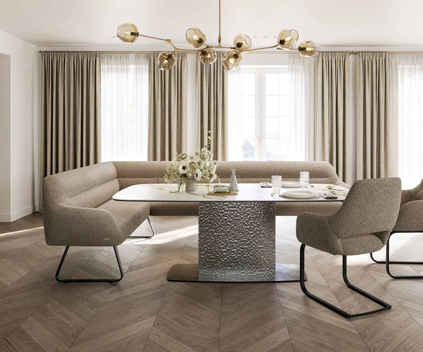 Jedálenská lavica Taya-Flex 285×190 cm bouclé tmavobéžová tenká podstava plochá čierna vrecková pružina pravá - Image 2