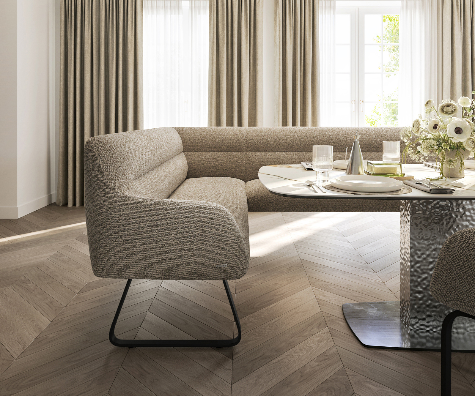 Jedálenská lavica Taya-Flex 285×190 cm bouclé tmavobéžová tenká podstava plochá čierna vrecková pružina pravá - Image 5