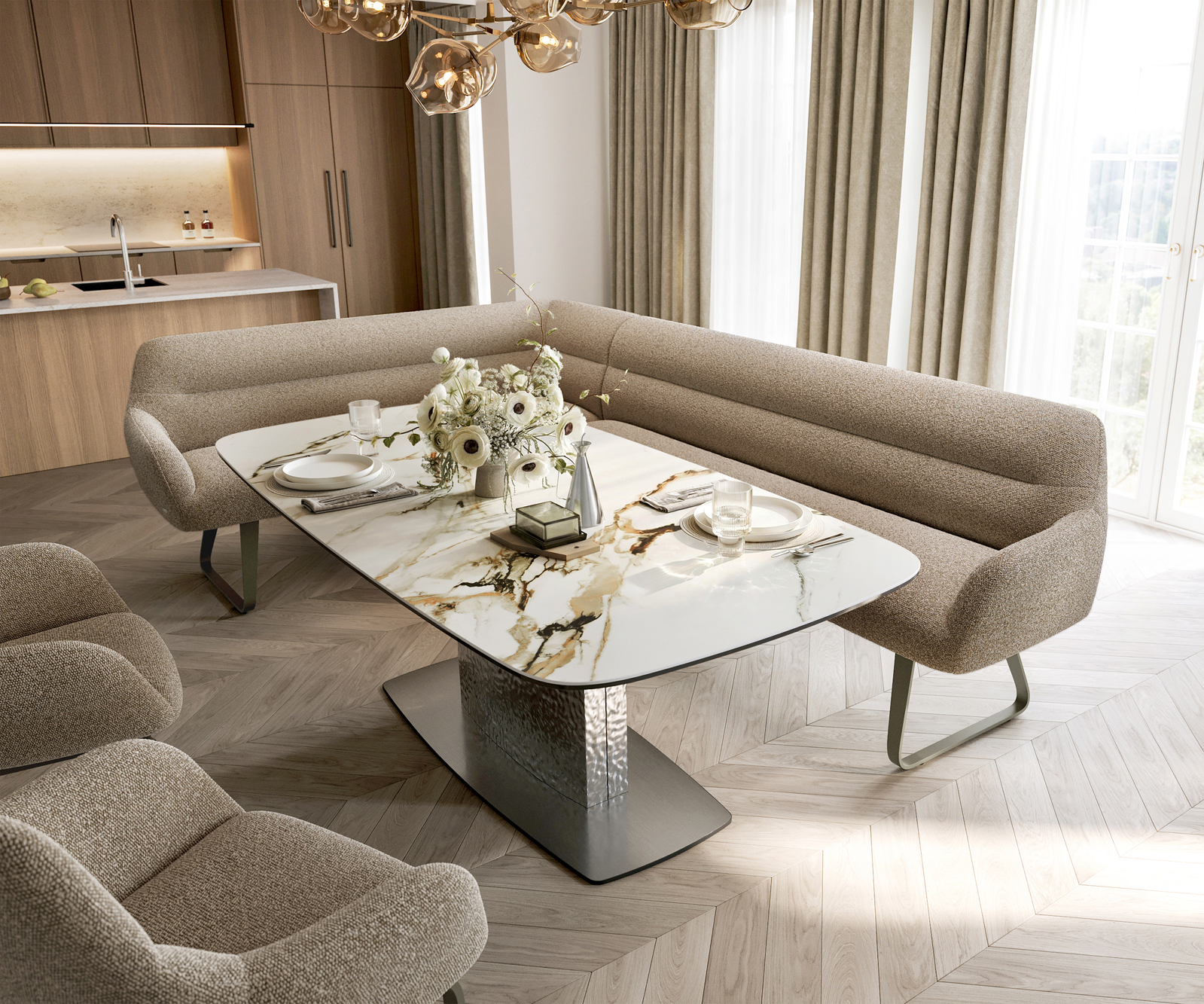 Jedálenská lavica Taya-Flex 285×190 cm bouclé tmavobéžová tenká podstava plochý titánová farba vrecková pružina pravá