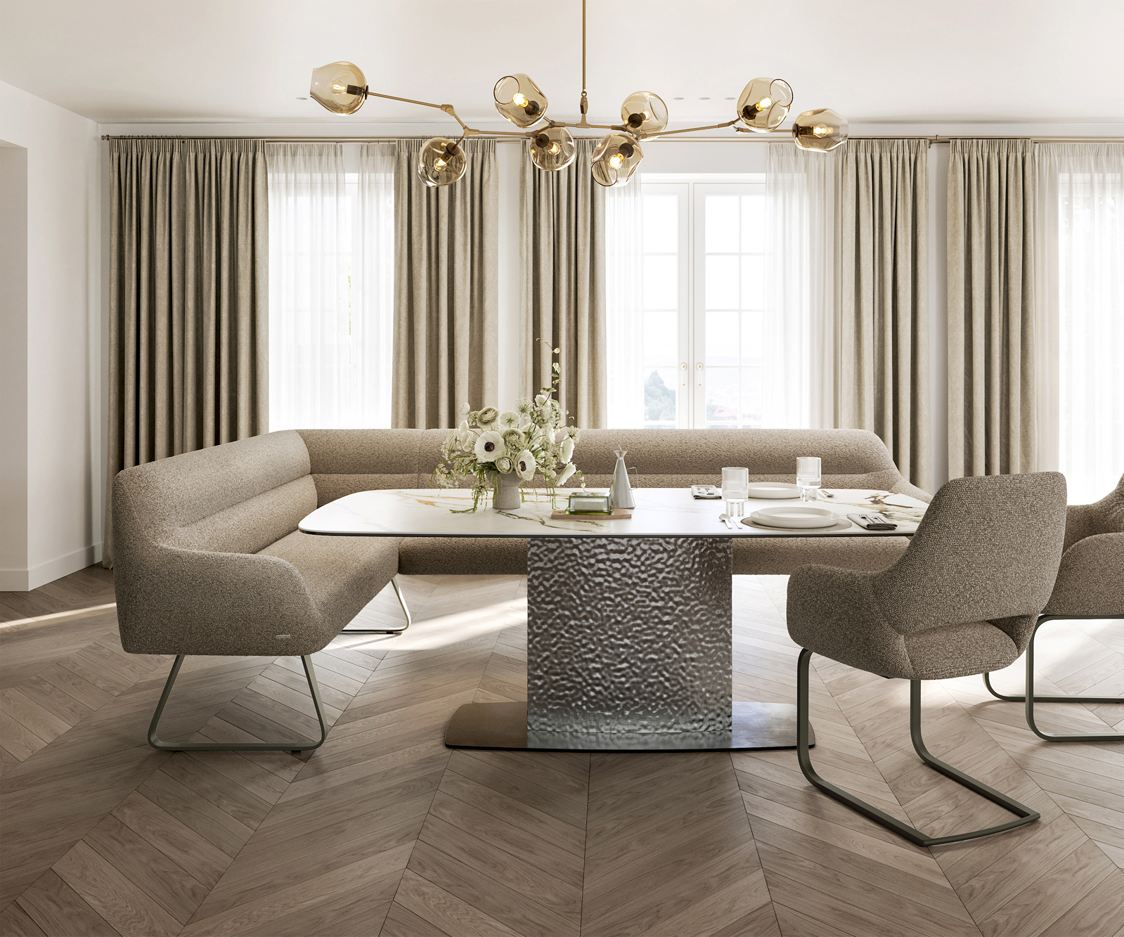 Jedálenská lavica Taya-Flex 285×190 cm bouclé tmavobéžová tenká podstava plochý titánová farba vrecková pružina pravá - Image 2