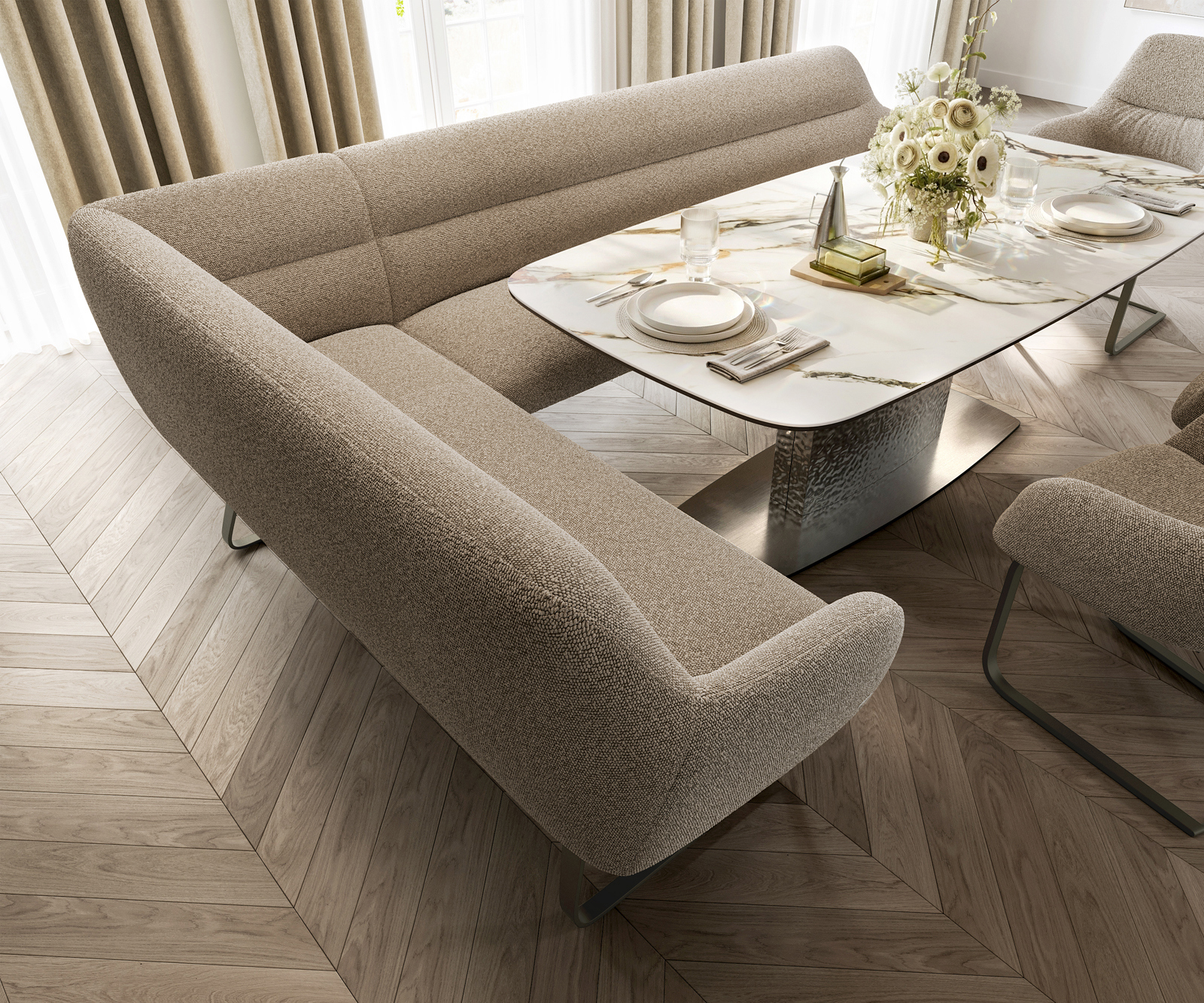 Jedálenská lavica Taya-Flex 285×190 cm bouclé tmavobéžová tenká podstava plochý titánová farba vrecková pružina pravá - Image 4