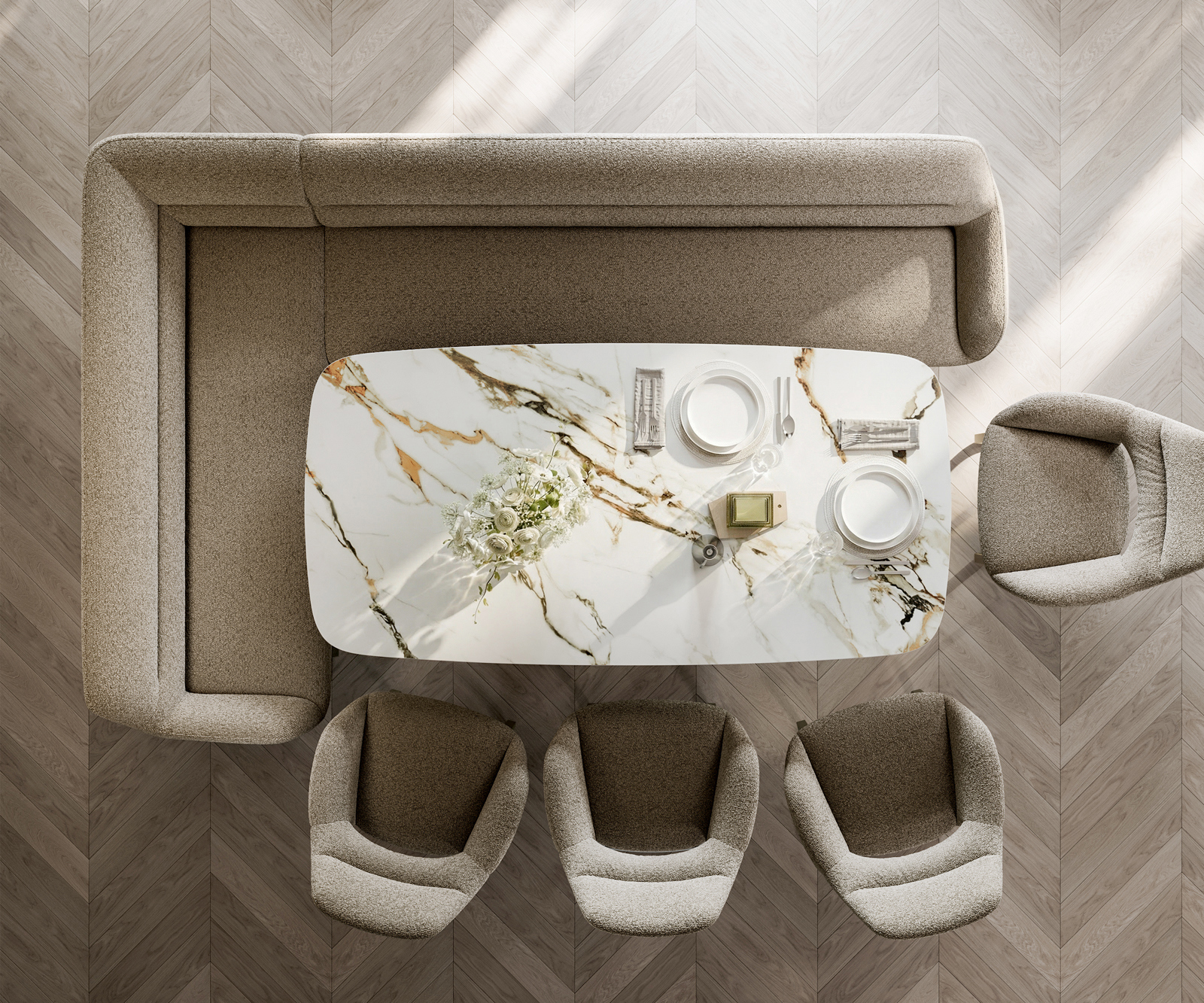 Jedálenská lavica Taya-Flex 285×190 cm bouclé tmavobéžová tenká podstava plochý titánová farba vrecková pružina pravá - Image 6