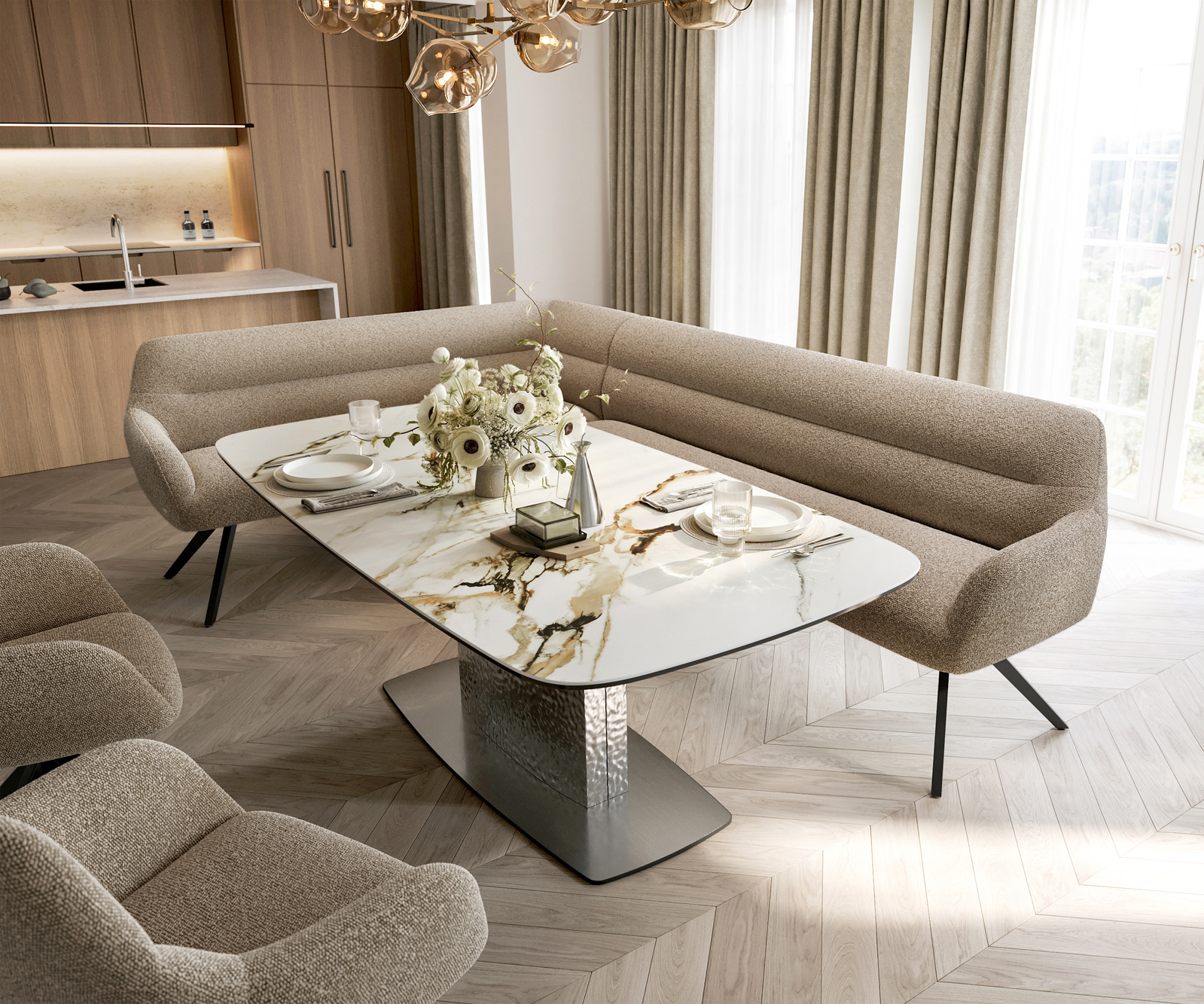 Jedálenská lavica Taya-Flex 285×190 cm bouclé tmavobéžová hranatá krížová podstava čierna vrecková pružina pravá