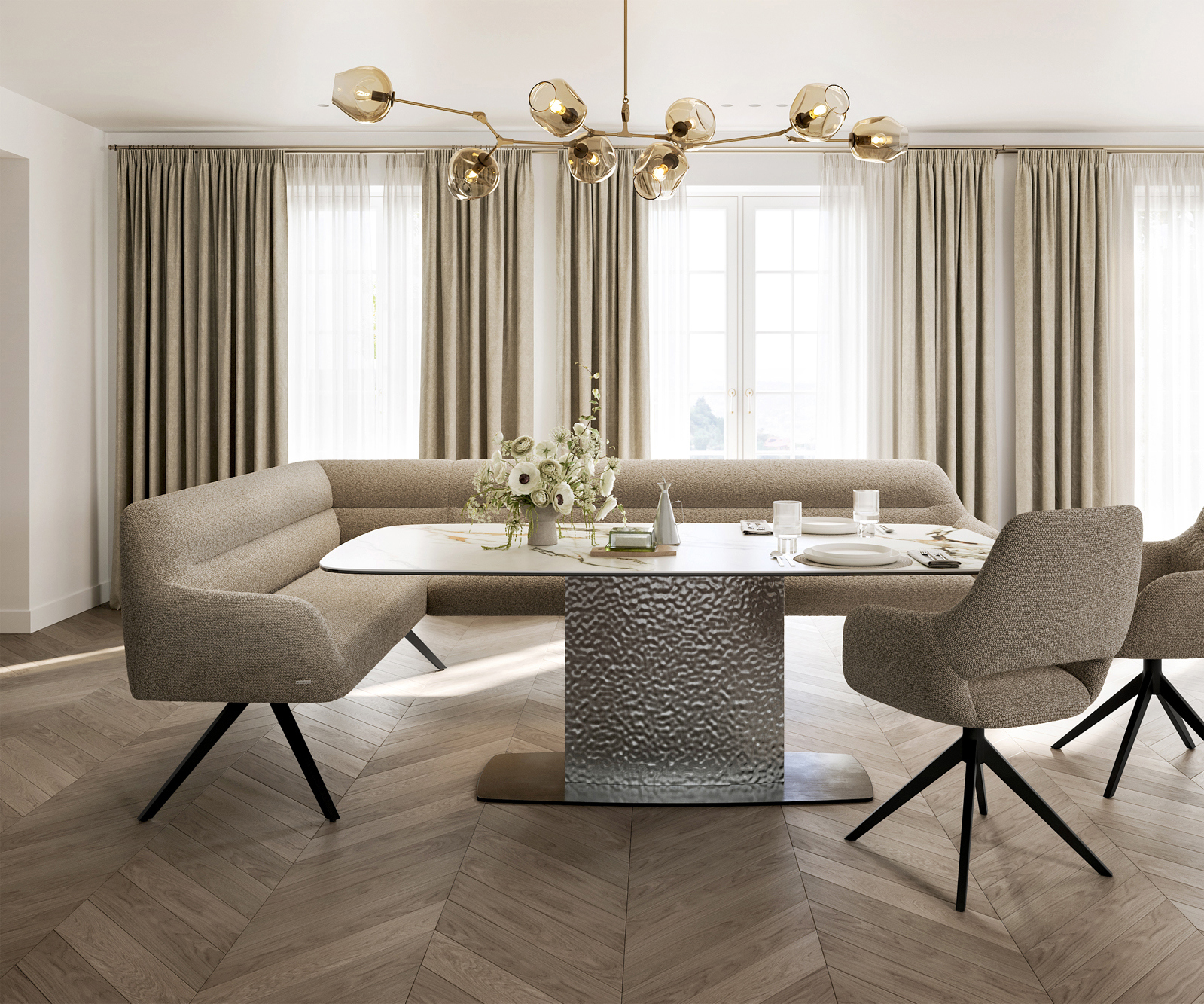 Jedálenská lavica Taya-Flex 285×190 cm bouclé tmavobéžová hranatá krížová podstava čierna vrecková pružina pravá - Image 2