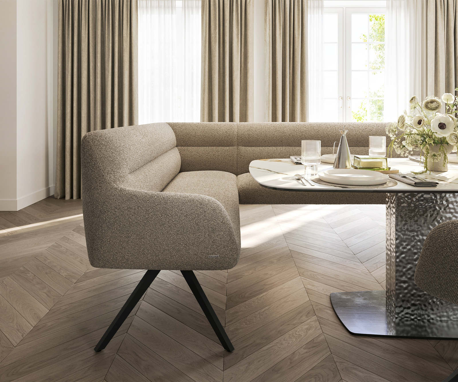 Jedálenská lavica Taya-Flex 285×190 cm bouclé tmavobéžová hranatá krížová podstava čierna vrecková pružina pravá - Image 5