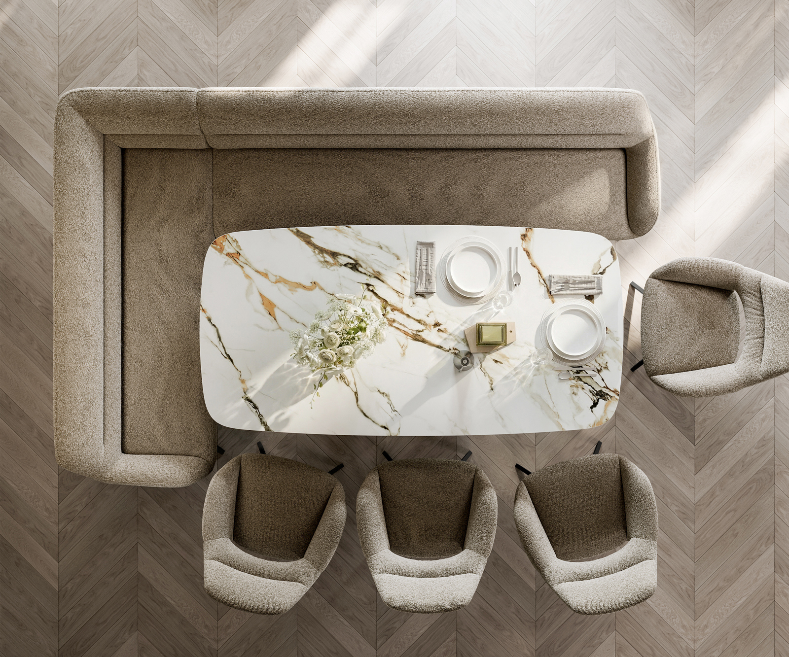 Jedálenská lavica Taya-Flex 285×190 cm bouclé tmavobéžová hranatá krížová podstava čierna vrecková pružina pravá - Image 6