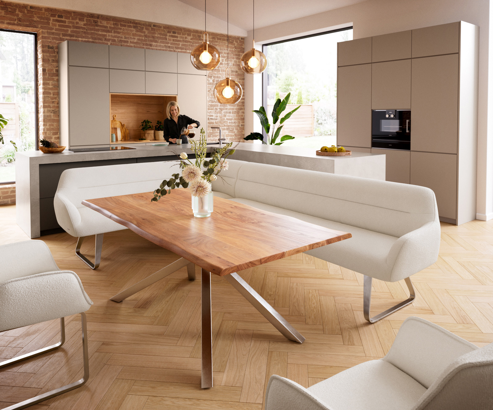 Jedálenská lavica Taya-Flex 285×190 cm bouclé bielo-krémová tenká podstava plochá nerezová oceľ vrecková pružina pravá