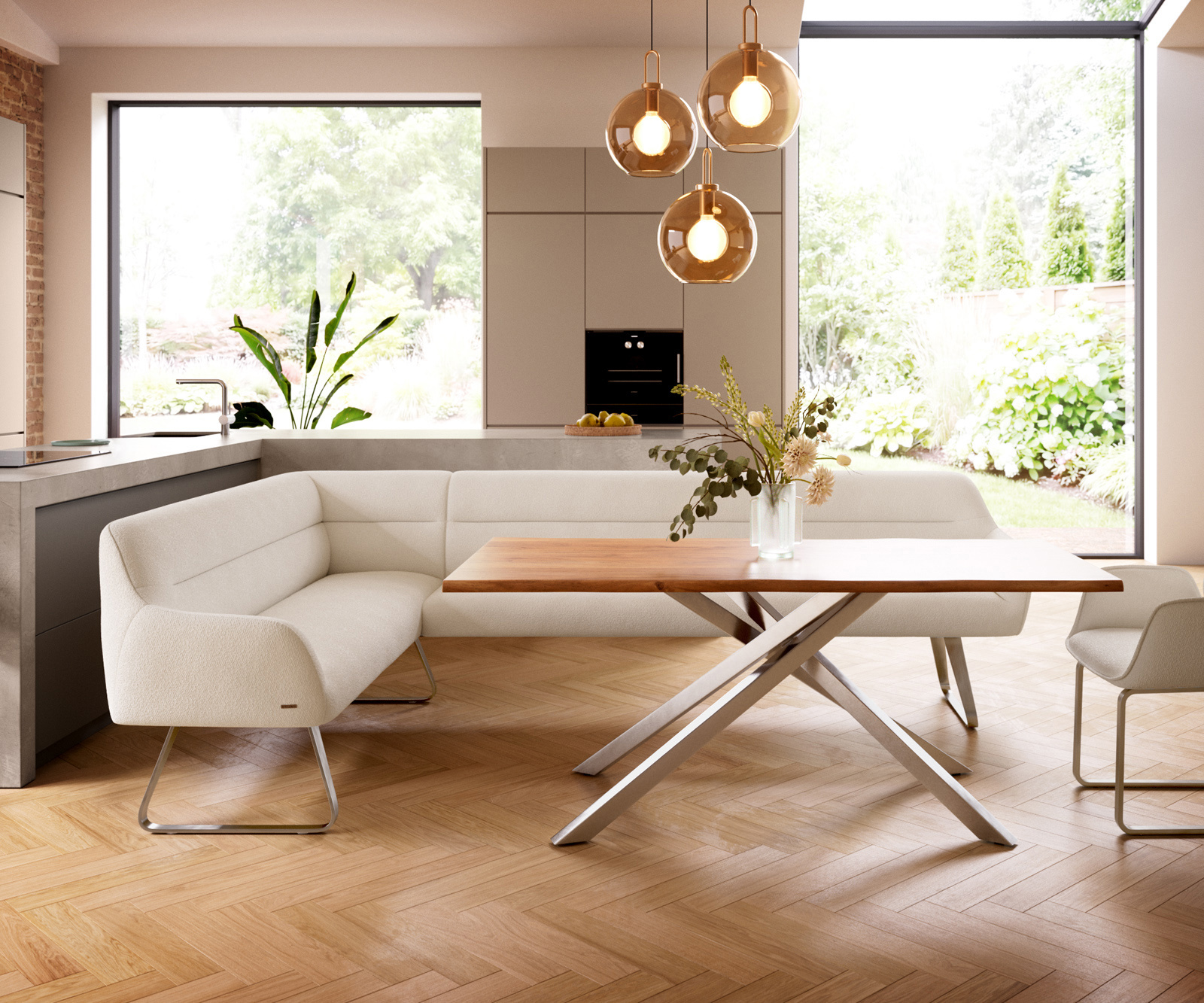 Jedálenská lavica Taya-Flex 285×190 cm bouclé bielo-krémová tenká podstava plochá nerezová oceľ vrecková pružina pravá - Image 2