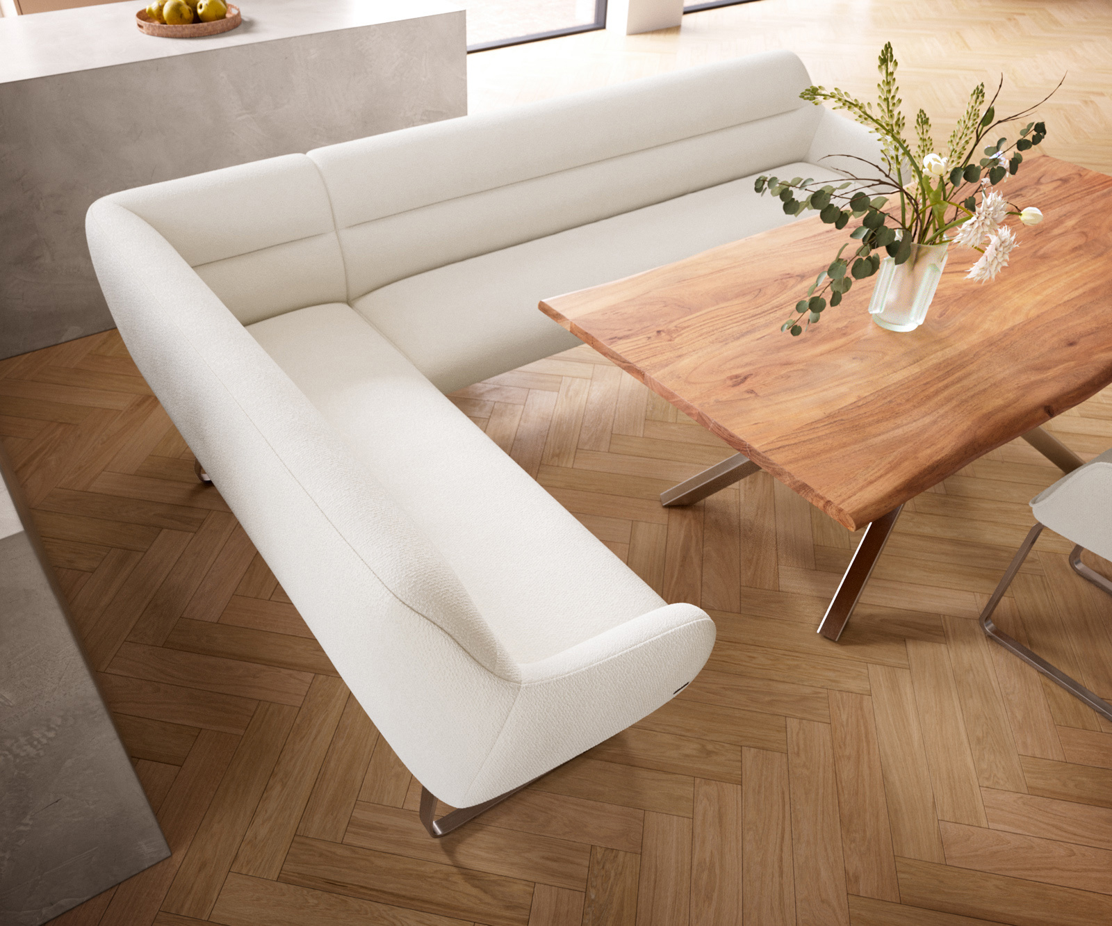 Jedálenská lavica Taya-Flex 285×190 cm bouclé bielo-krémová tenká podstava plochá nerezová oceľ vrecková pružina pravá - Image 4