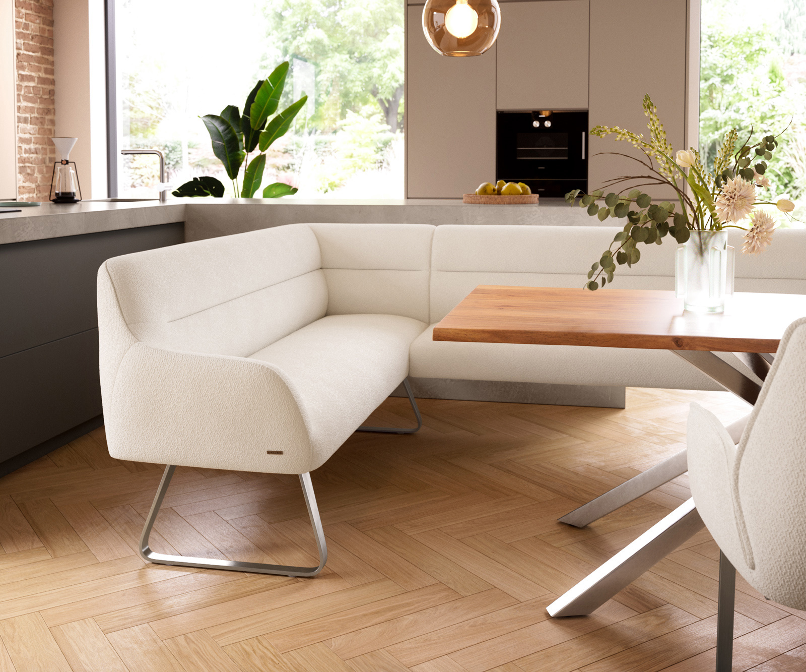 Jedálenská lavica Taya-Flex 285×190 cm bouclé bielo-krémová tenká podstava plochá nerezová oceľ vrecková pružina pravá - Image 5