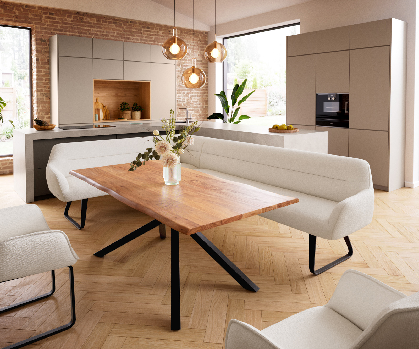 Jedálenská lavica Taya-Flex 285×190 cm bouclé bielo-krémová tenká podstava čierna vrecková pružina pravá