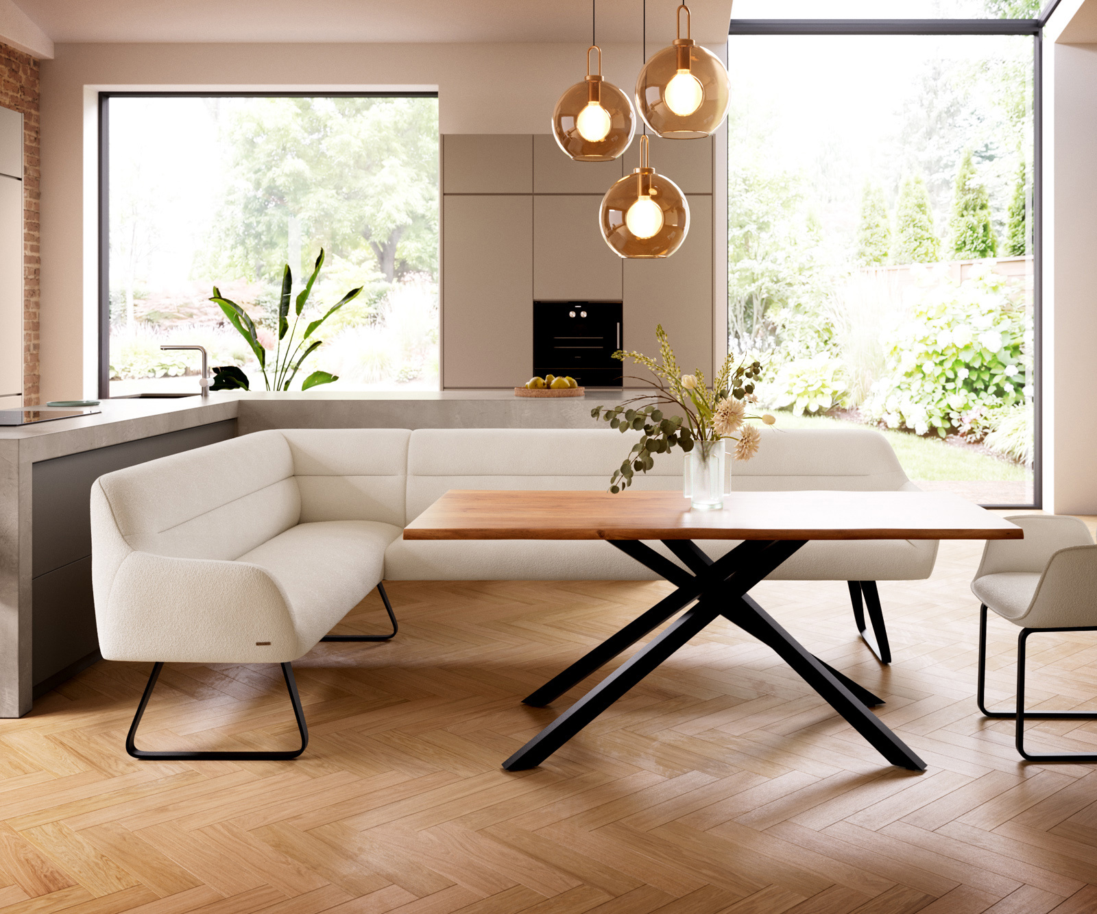 Jedálenská lavica Taya-Flex 285×190 cm bouclé bielo-krémová tenká podstava čierna vrecková pružina pravá - Image 2