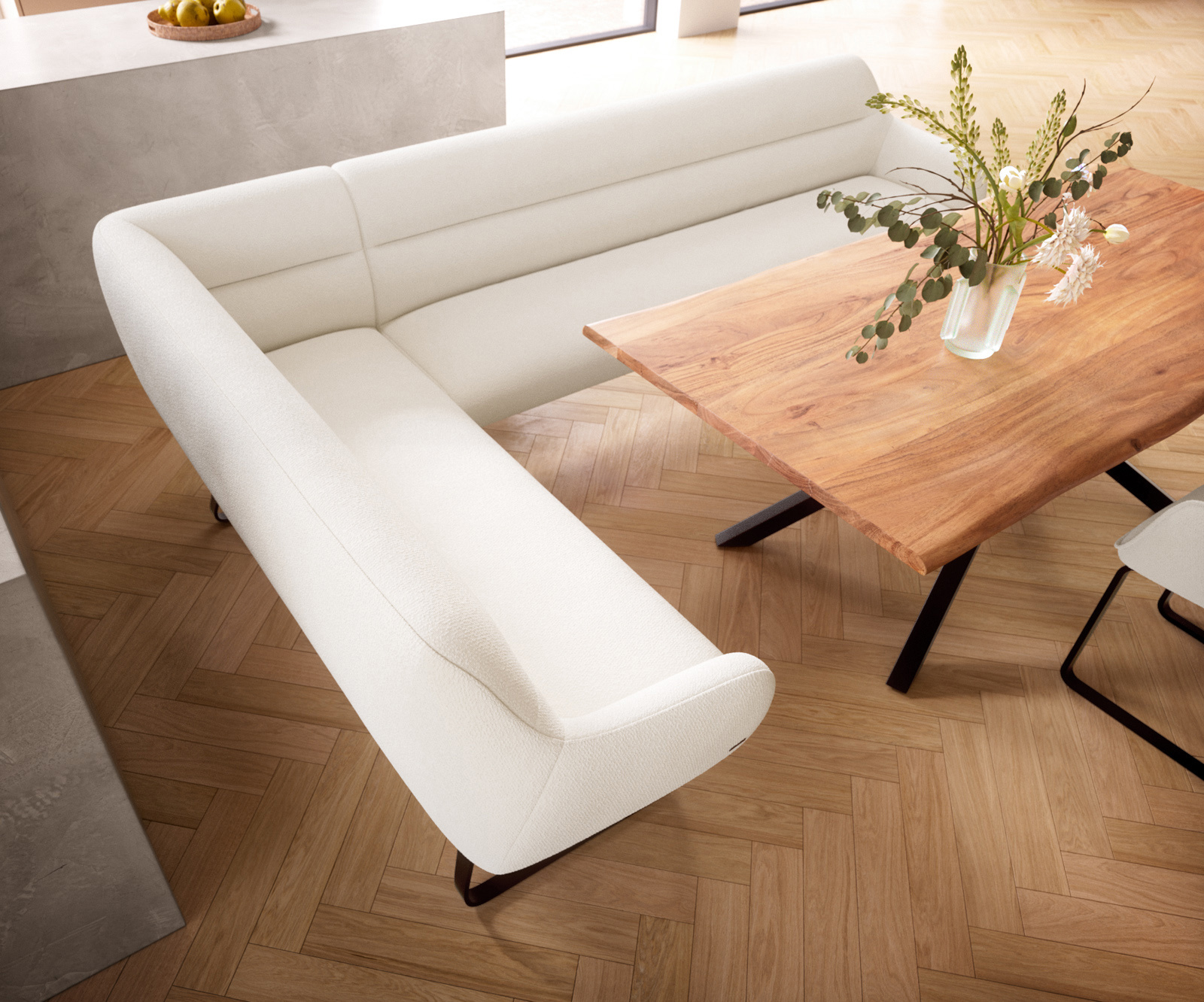 Jedálenská lavica Taya-Flex 285×190 cm bouclé bielo-krémová tenká podstava čierna vrecková pružina pravá - Image 4