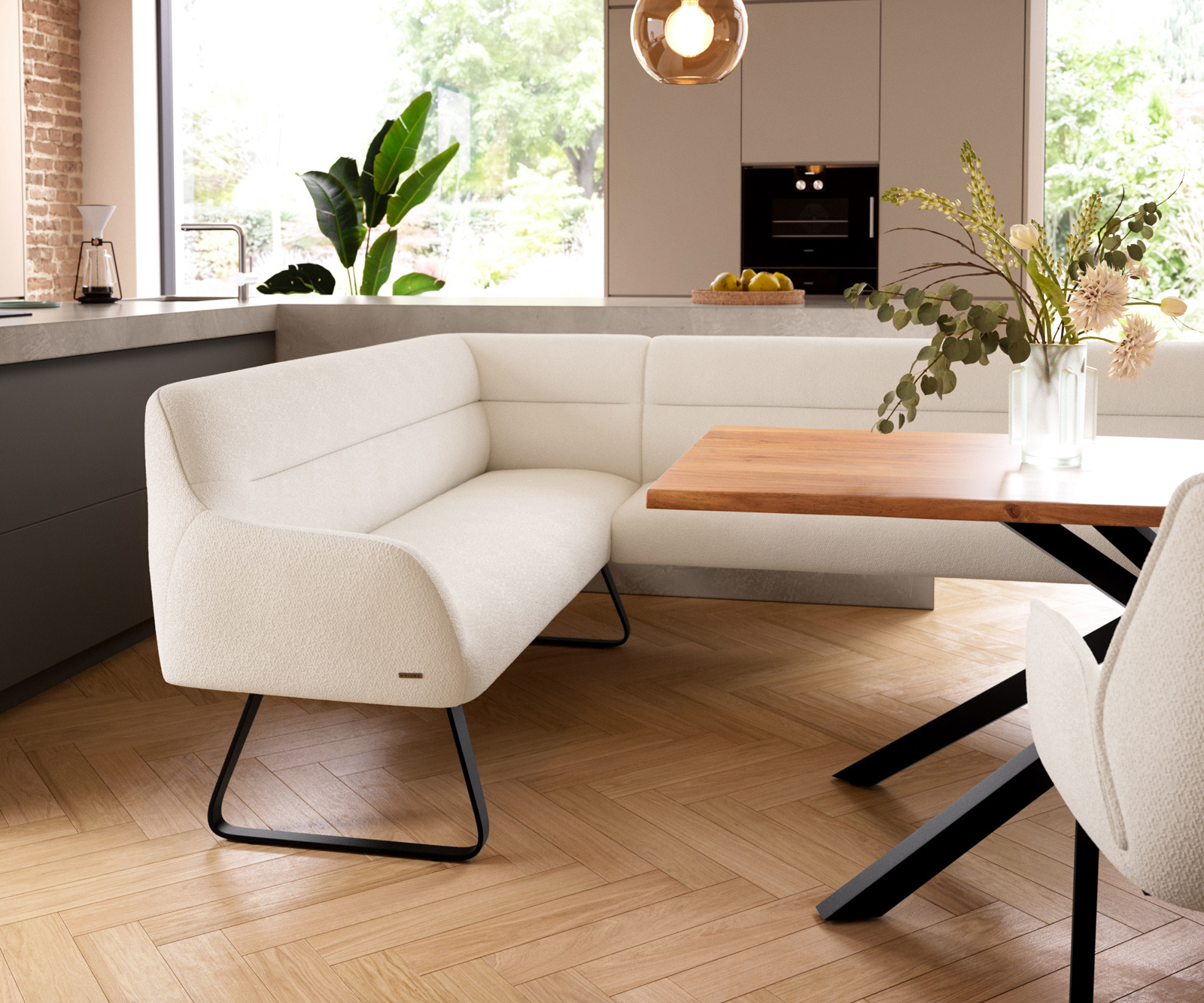 Jedálenská lavica Taya-Flex 285×190 cm bouclé bielo-krémová tenká podstava čierna vrecková pružina pravá - Image 5