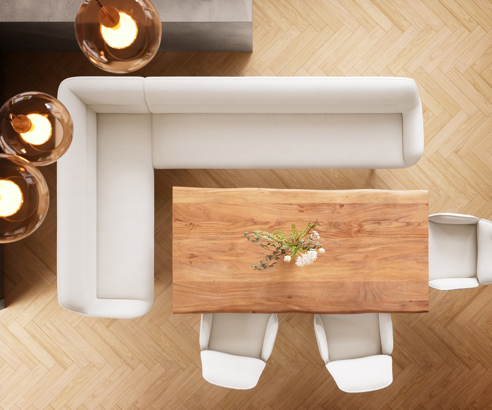 Jedálenská lavica Taya-Flex 285×190 cm bouclé bielo-krémová tenká podstava čierna vrecková pružina pravá - Image 6