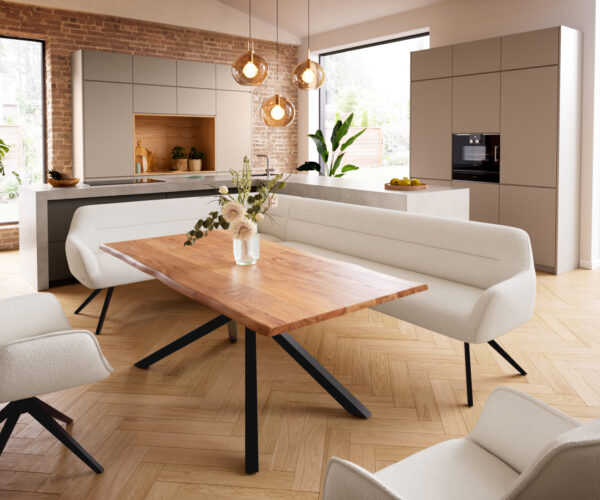 Jedálenská lavica Taya-Flex 285×190 cm bouclé bielo-krémová hranatá krížová podstava čierna vrecková pružina pravá