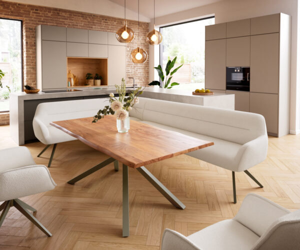 Jedálenská lavica Taya-Flex 285×190 cm bouclé bielo-krémová krížová podstava hranatá titánová farba vrecková pružina pravá