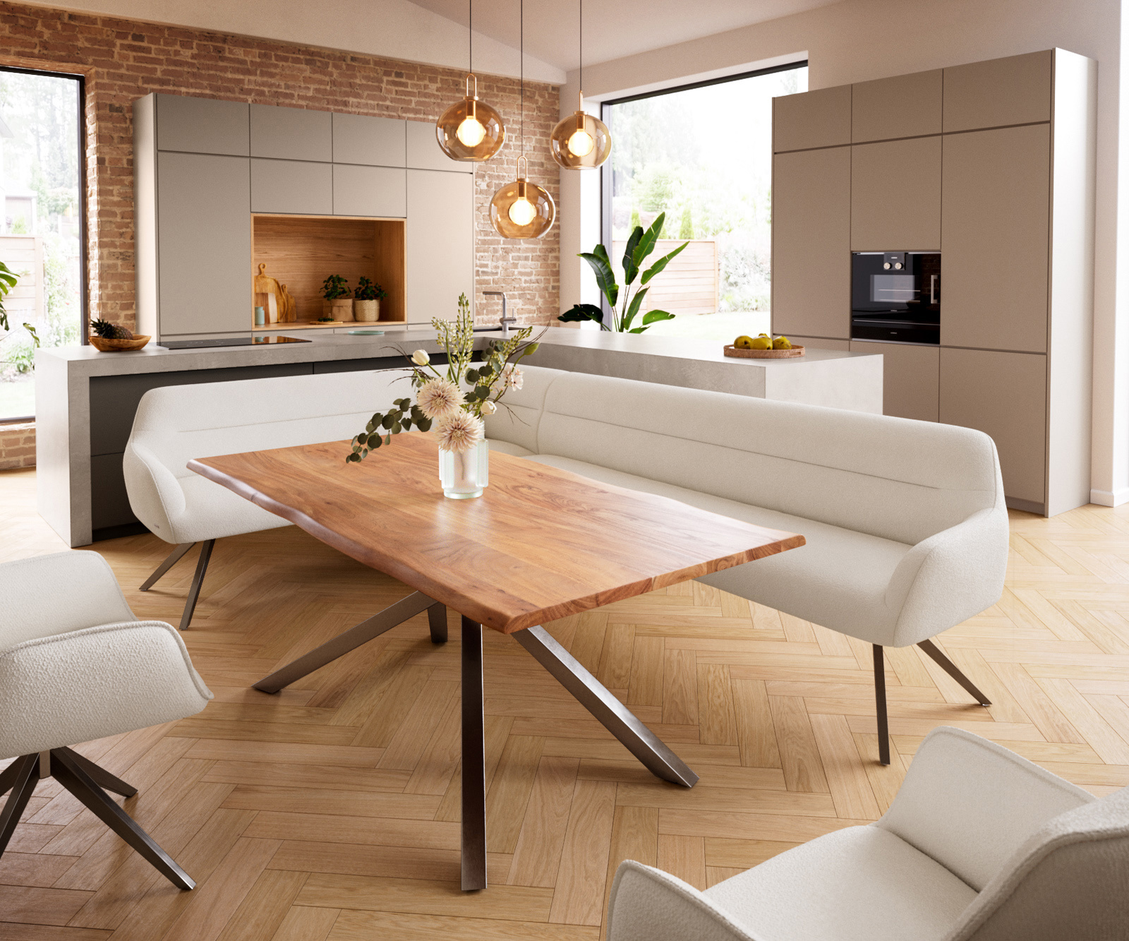 Jedálenská lavica Taya-Flex 285×190 cm bouclé bielo-krémová hranatá krížová podstava grafit vrecková pružina pravá