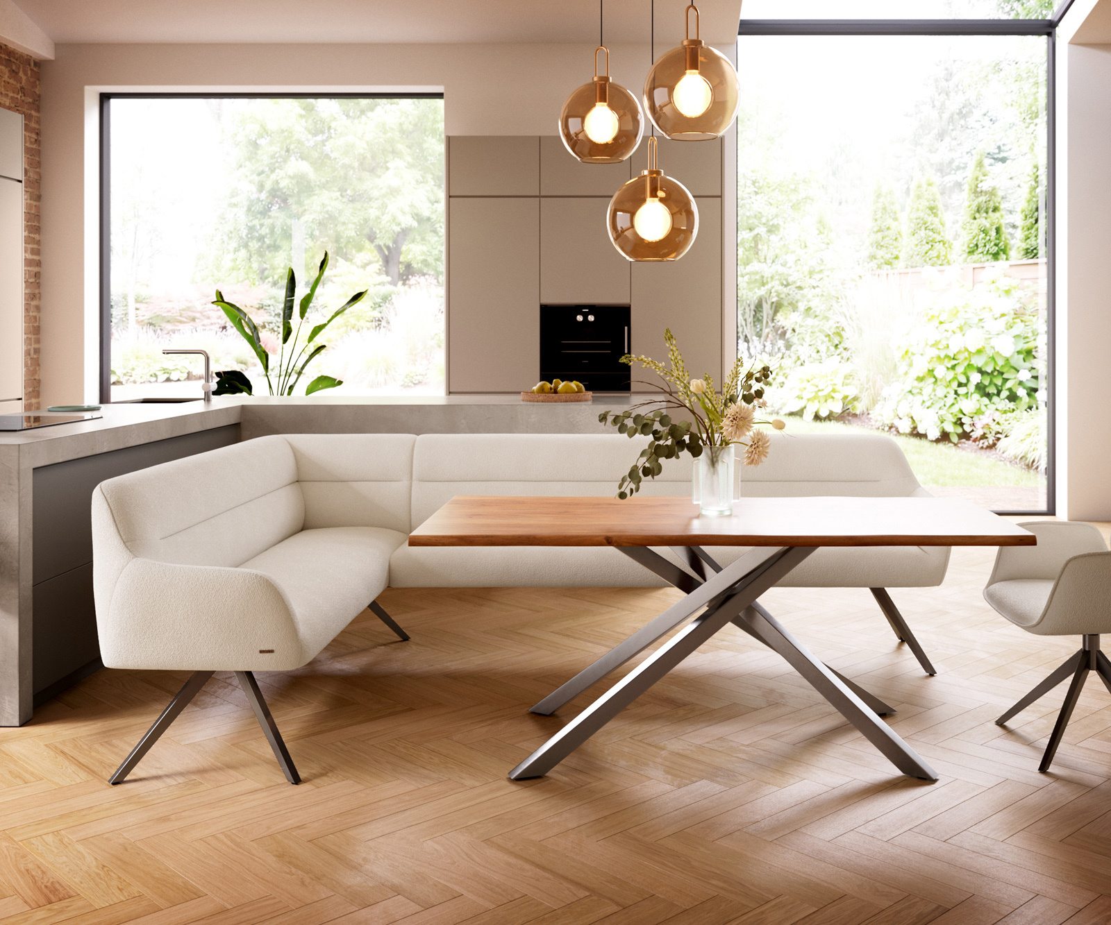 Jedálenská lavica Taya-Flex 285×190 cm bouclé bielo-krémová hranatá krížová podstava grafit vrecková pružina pravá - Image 2