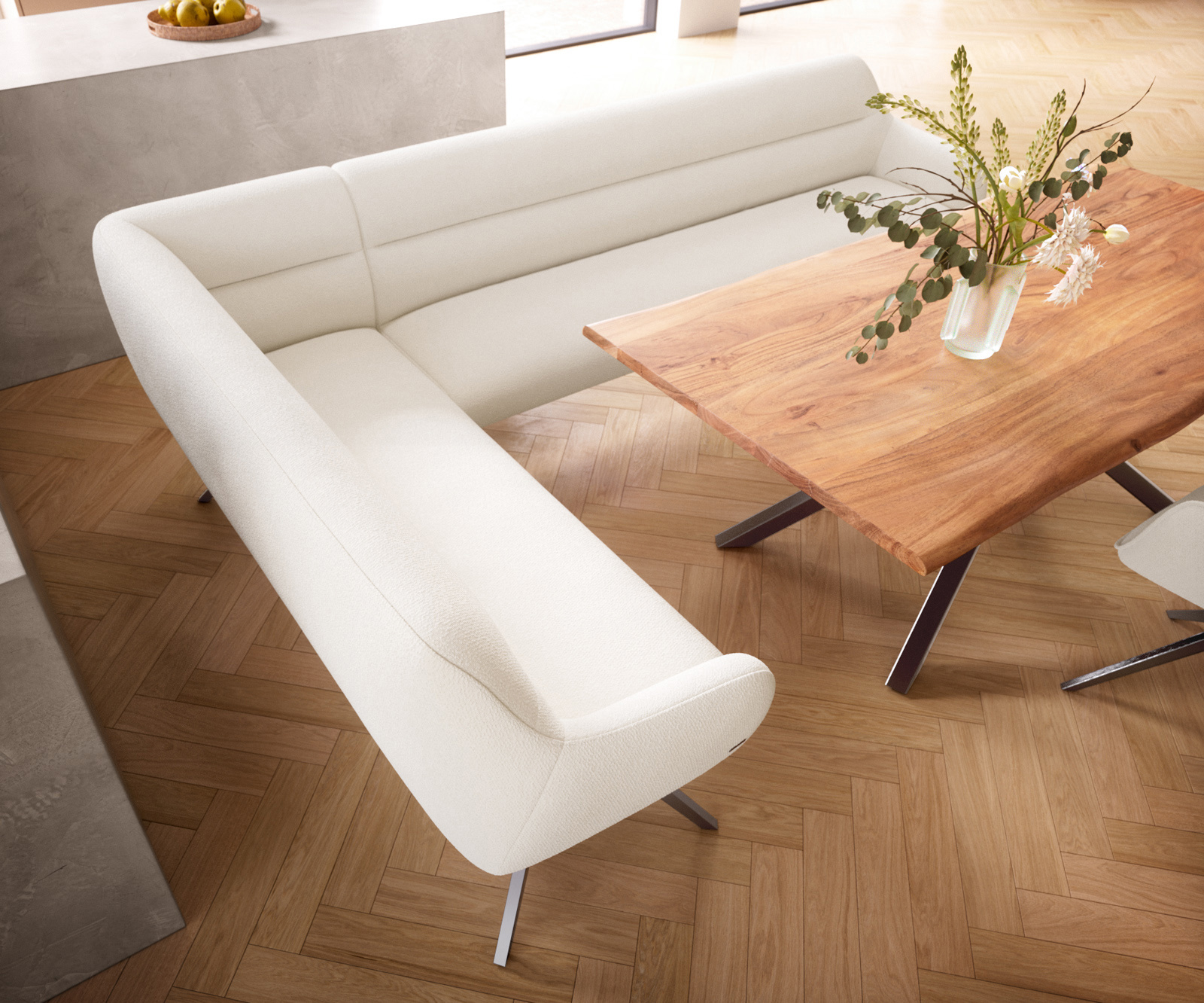 Jedálenská lavica Taya-Flex 285×190 cm bouclé bielo-krémová hranatá krížová podstava grafit vrecková pružina pravá - Image 4