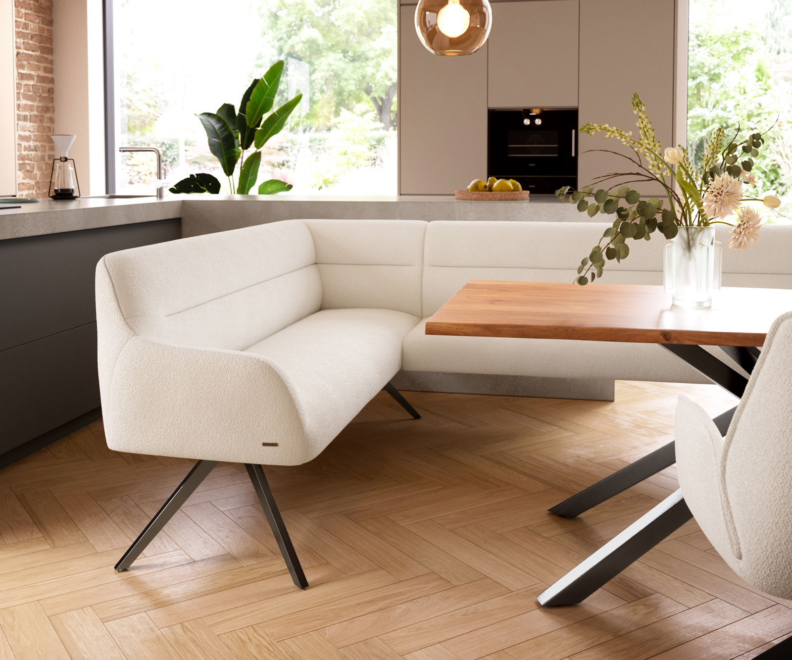 Jedálenská lavica Taya-Flex 285×190 cm bouclé bielo-krémová hranatá krížová podstava grafit vrecková pružina pravá - Image 5