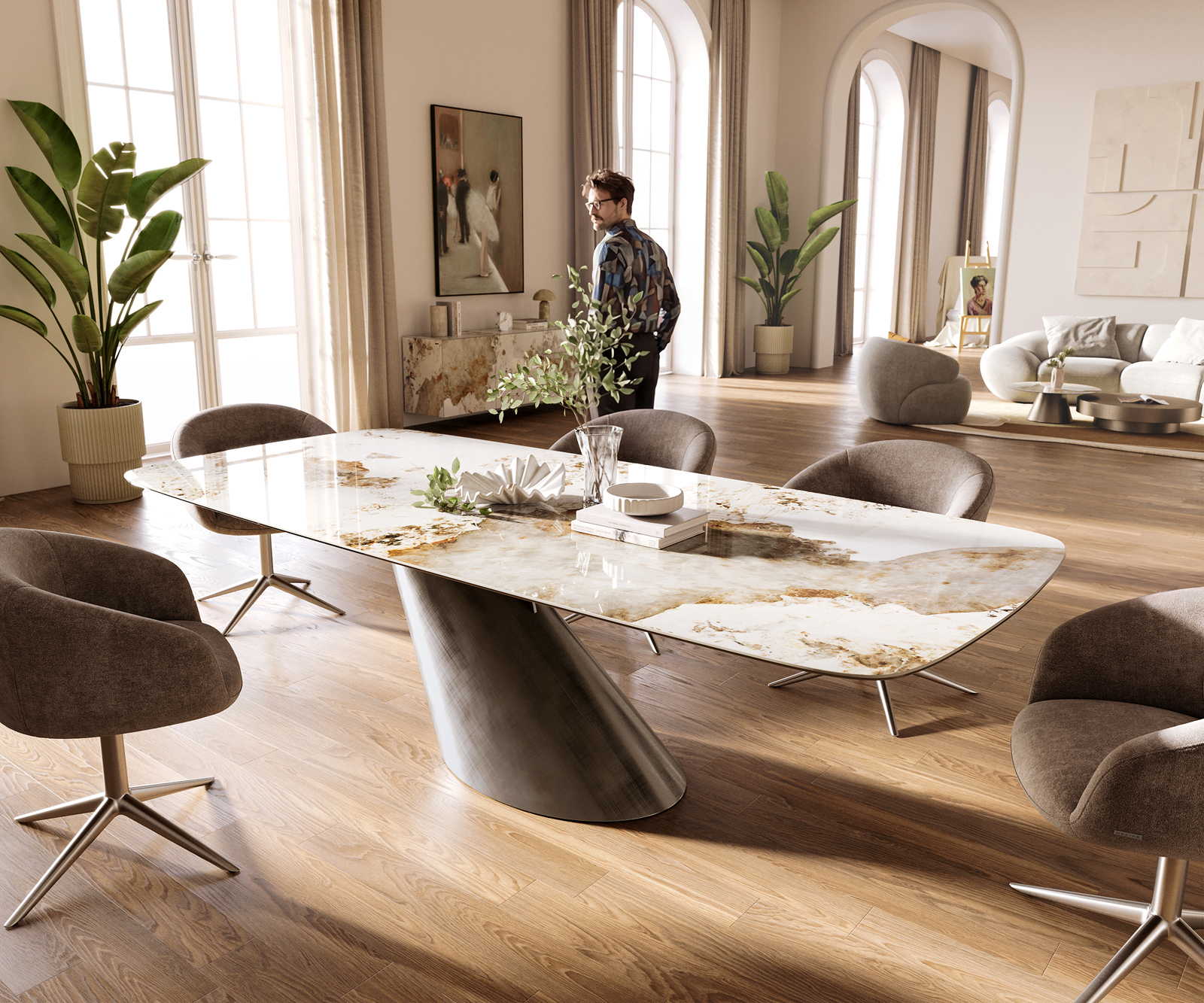 Jedálenský stôl Edge zaoblený tvar 260×120 cm keramika Minas Melange bielo-béžová Cono metalická strieborná