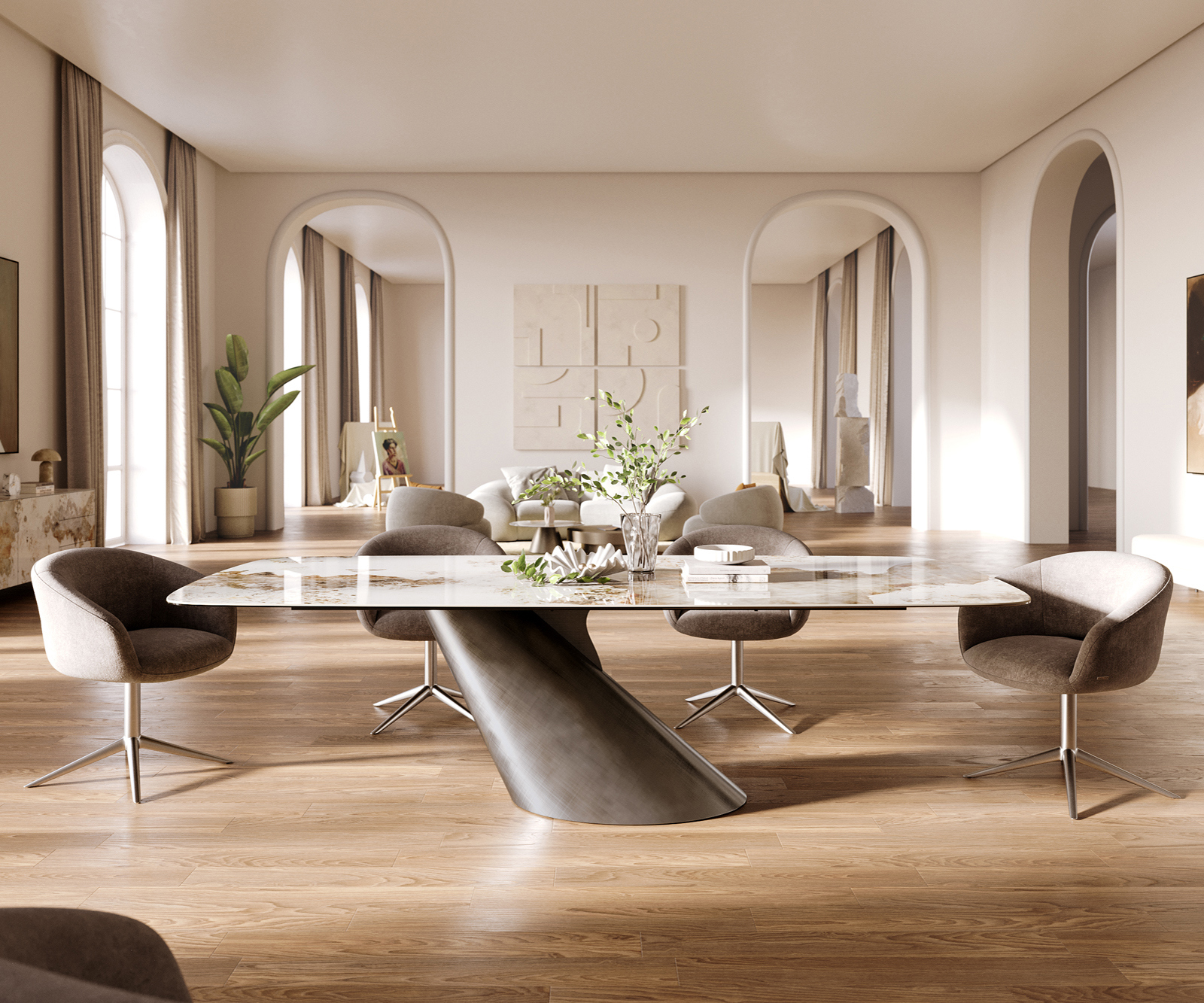 Jedálenský stôl Edge zaoblený tvar 260×120 cm keramika Minas Melange bielo-béžová Cono metalická strieborná - Image 2