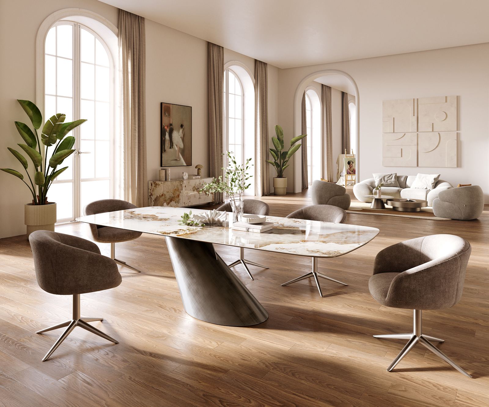 Jedálenský stôl Edge zaoblený tvar 260×120 cm keramika Minas Melange bielo-béžová Cono metalická strieborná - Image 6