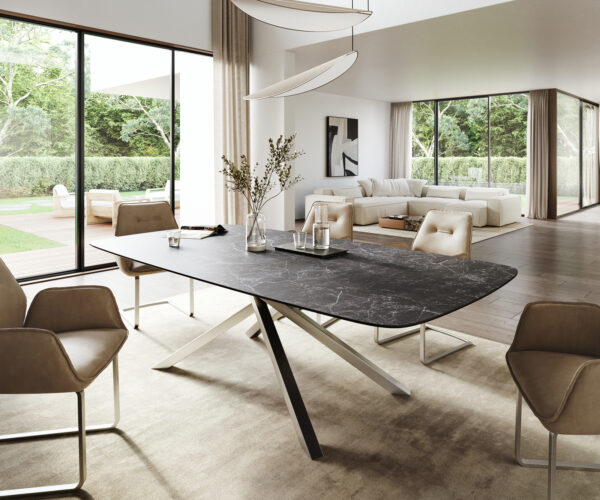 Jedálenský stôl Edge zaoblený 260×120 cm keramika Laminam® Nero Greco antracitová krížová podstava nerezová oceľ