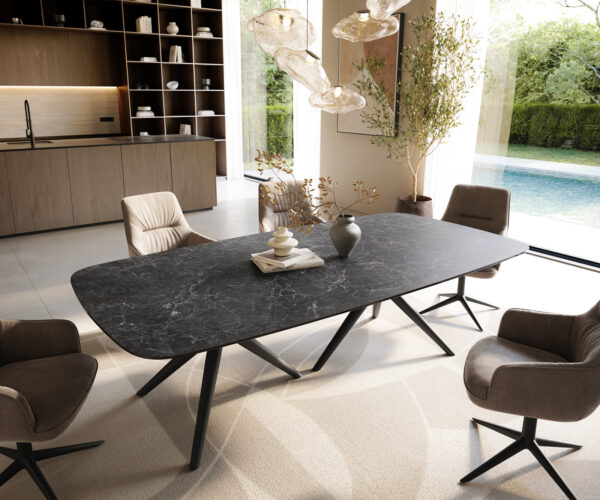 Jedálenský stôl Edge zaoblený 240×120 cm keramika Laminam® Nero Greco antracit Estelar okrúhly kov čierna