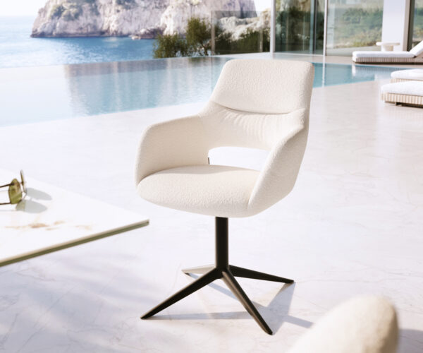 Jedálenská stolička Yago-Flex s opierkami bouclé biela podstava čierna 360° otočný hojdacia funkcia