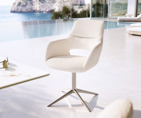 Jedálenská stolička Yago-Flex s opierkami bouclé biela podstava nerezová oceľ otočný 360° hojdacia funkcia